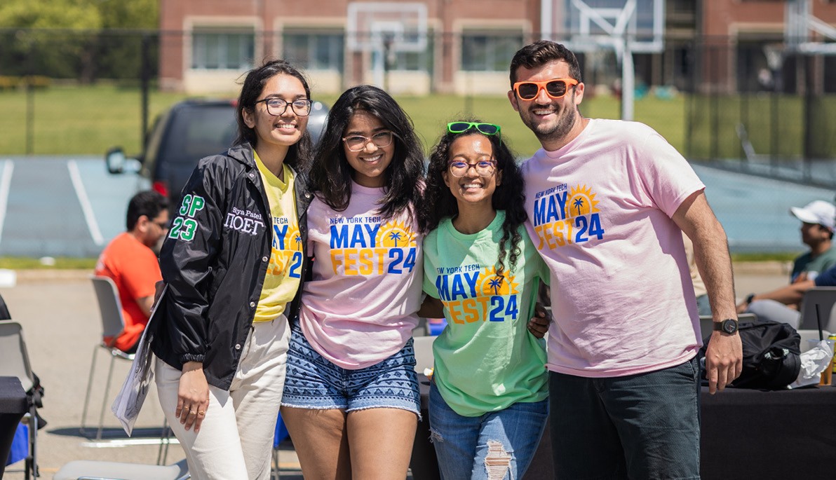 New York Tech students wearing MayFest t-shirts on the Long Island campus.