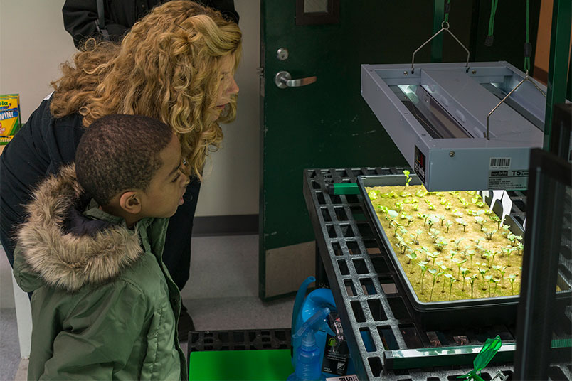 Kate O'Hara shows student the hydroponic garden.