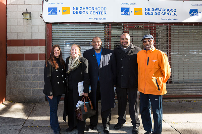 Amy Bravo, Gale Brewer, Malcolm A. Punter, Matthew Washington, and Bill Perkins stand in front of what will become the Neighborhood Design Center.