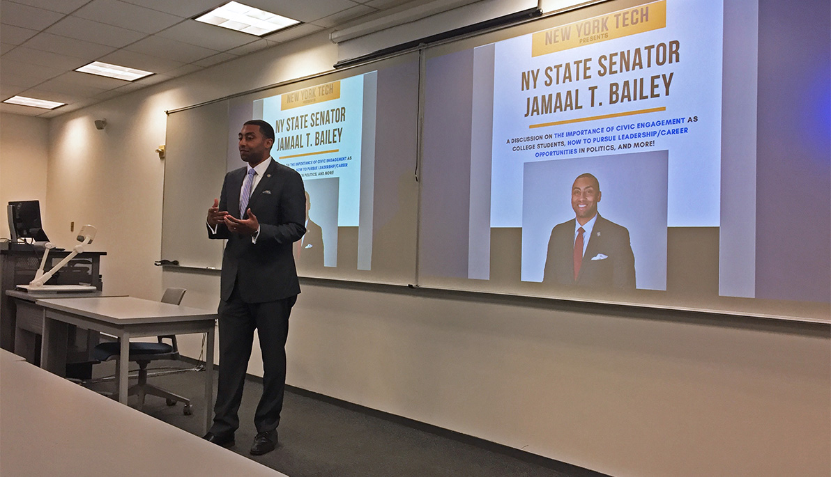 New York State Senator Jamaal T. Bailey speaking at New York Tech.
