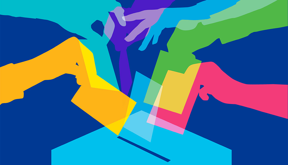 Brightly-colored illustration of hands submitting ballots into a ballot box.