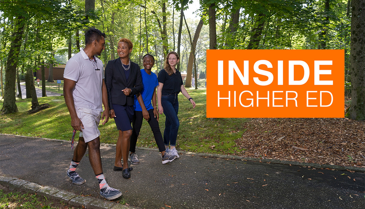 Tiffani Blake walking with students on the Long Island campus and Inside Higher Ed logo.