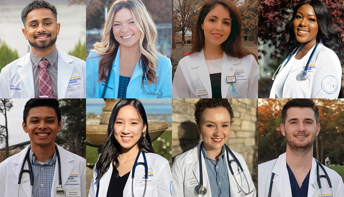 Collage of NYITCOM students in their white coats.