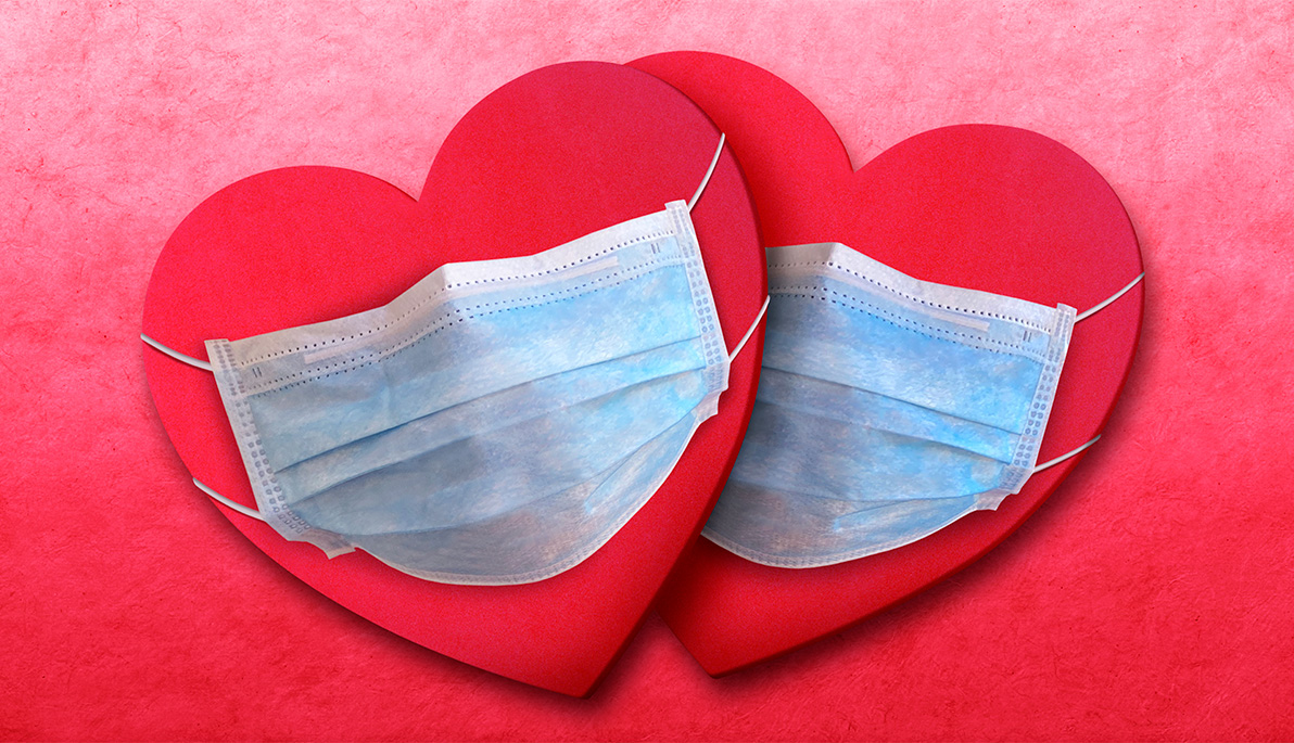 Two hearts wearing surgical masks.
