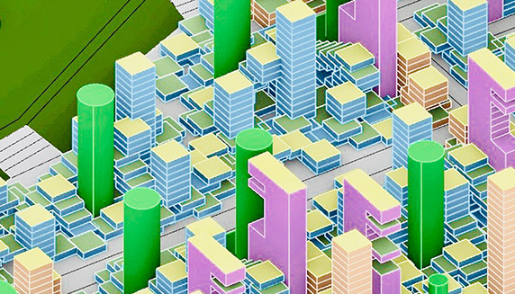 3-d rendering of busy cityscape, buildings in green