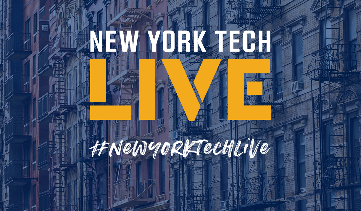Logo for New York Tech Live with apartment buildings with fire escapes in the background