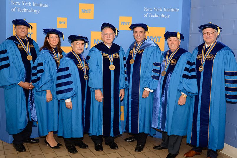 Interim, past, and future presidents of NYIT with members of the Board of Trustees.