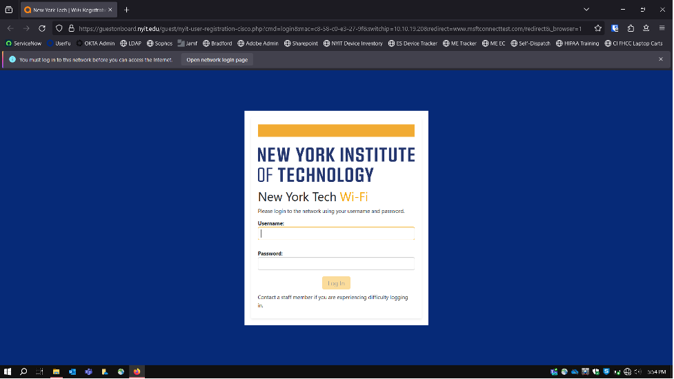 Enter your New York Tech credentials in the displayed fields and click Log In.</strong> If you are connecting from a mobile device or tablet, log in and then skip to Step 6.