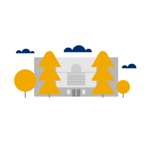 Illustration of building with trees and clouds