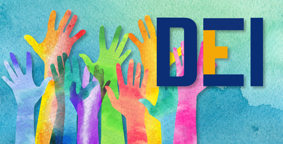 Illustration of multicolored hands with the DEI logo