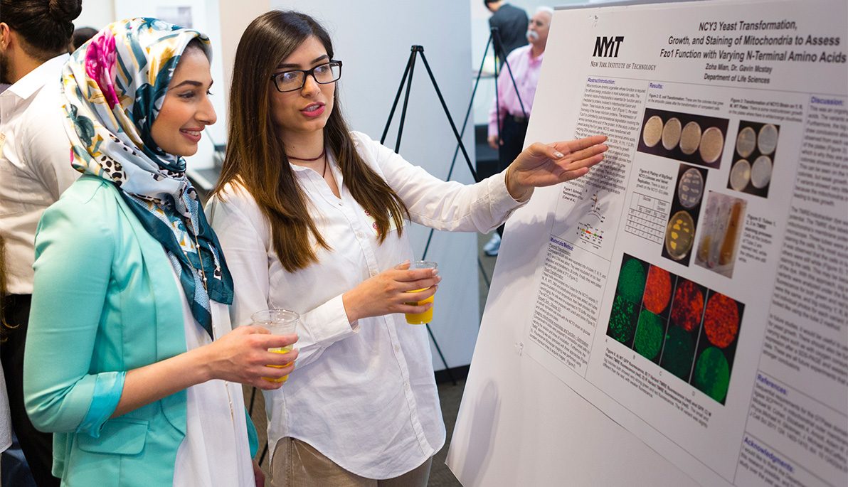 Two NYIT students looking at a poster.