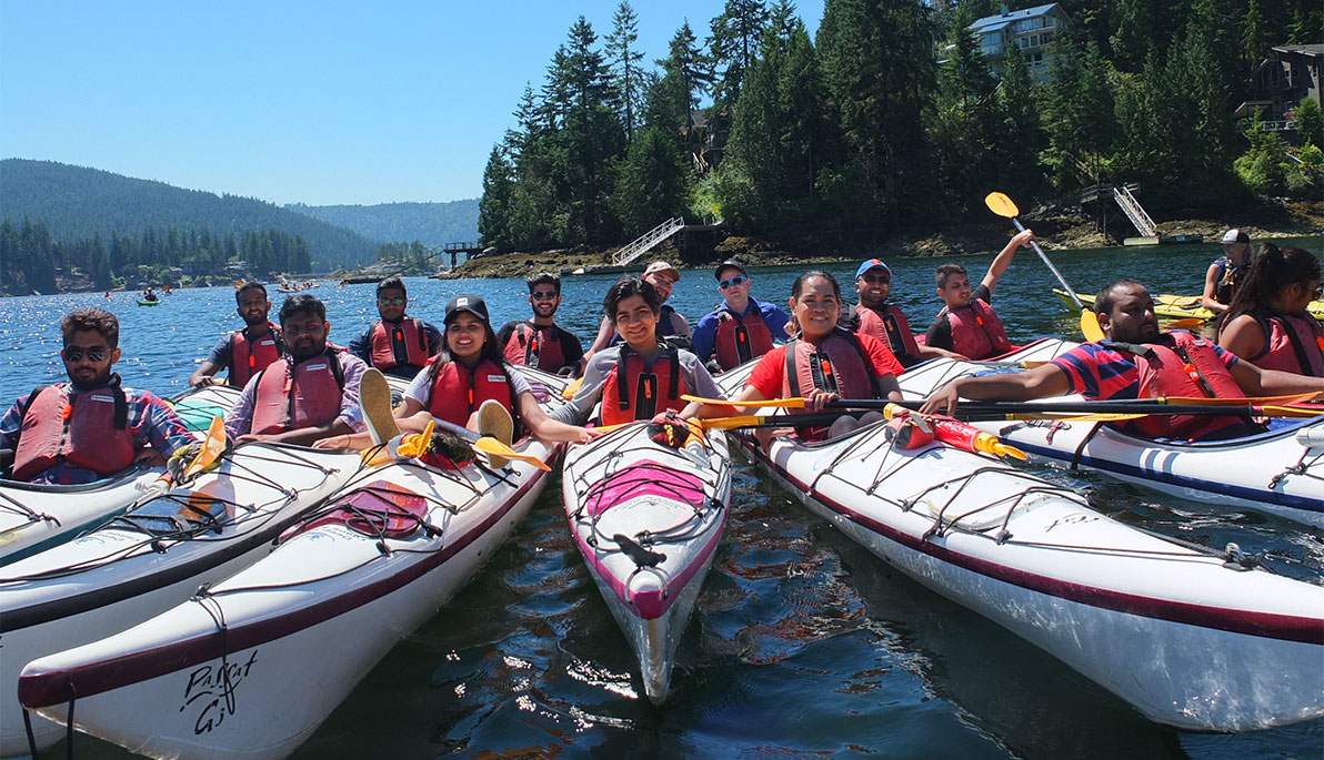 NYIT-Vancouver students in kayaks at Deep Cove in North Vancouver.