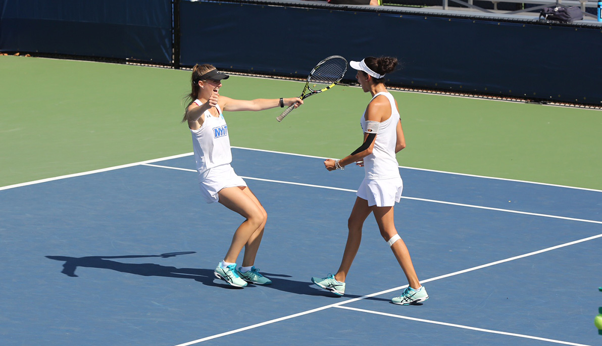 NYIT tennis players Lena Dimmer and Alessia Rosetti
