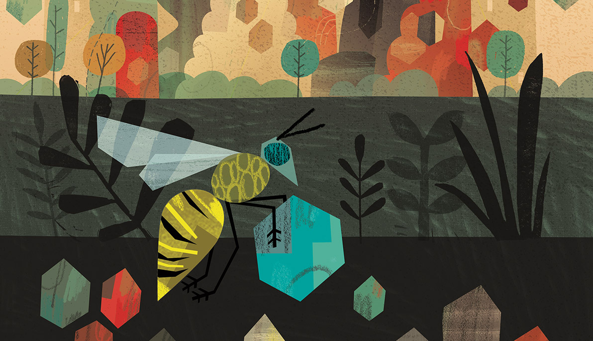 Abstract illustration of bees in a city setting.