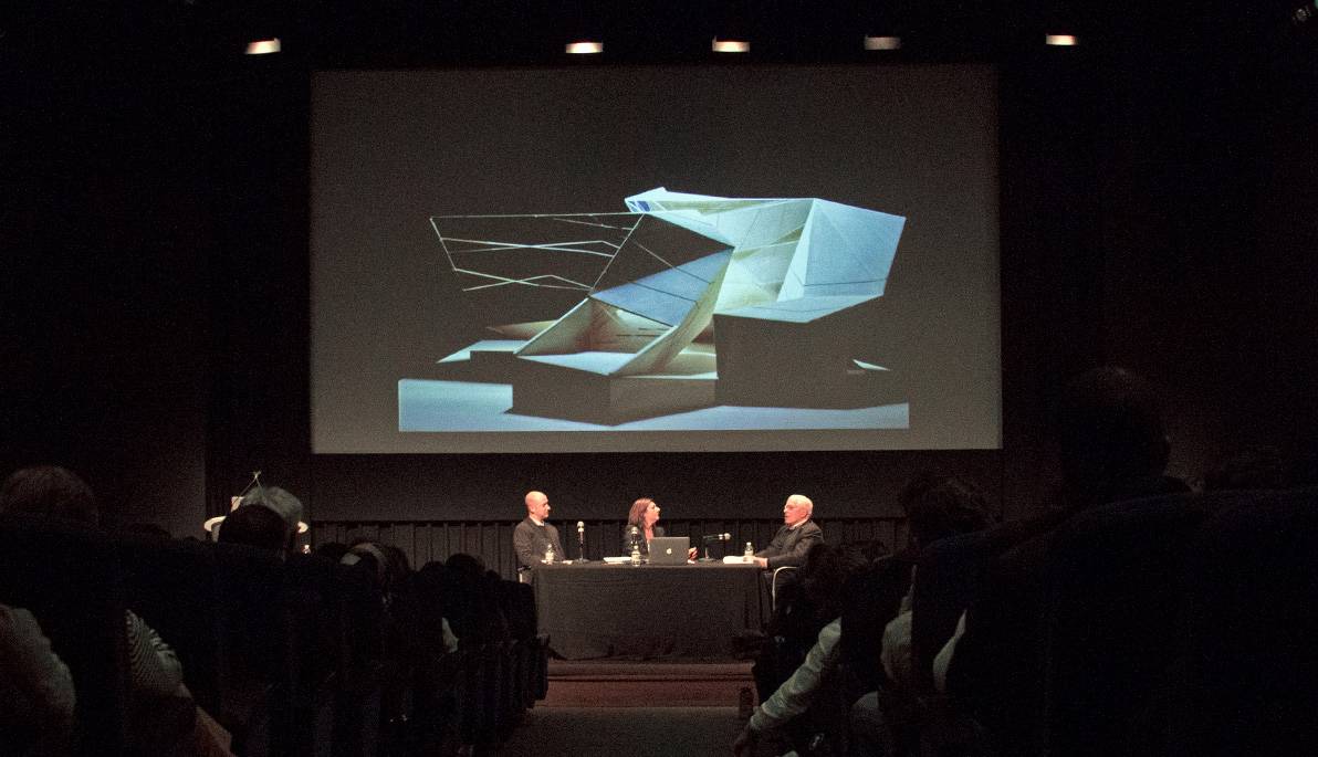 Assistant Professor Mathew Ford, Dean of NYIT School of Architecture and Design Maria Perbellini, and Peter Eisenman.
