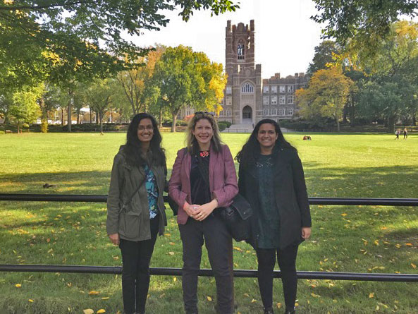 Rebekah Geevarghese, Amanda Golden, and Uzma Patel on Fordham University's campus