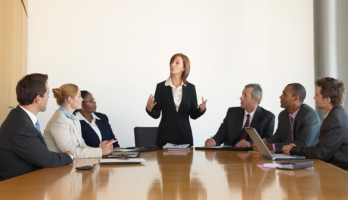 A woman standing at a conference table surrounded by men and women.