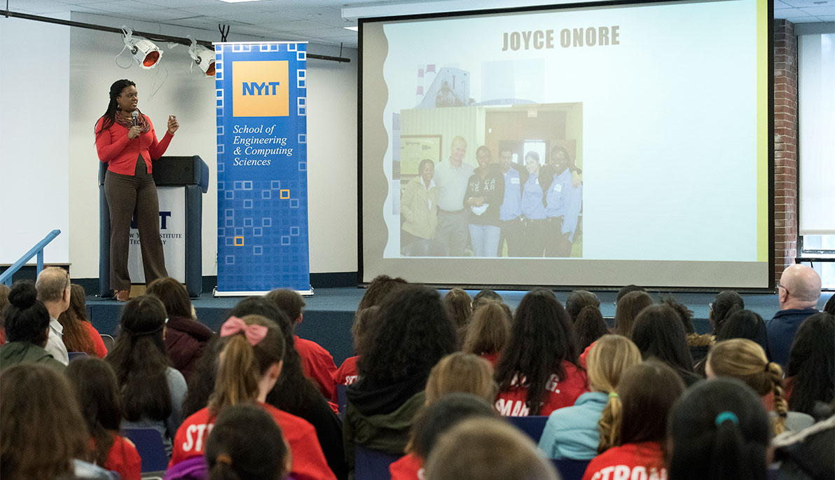 Keynote Speaker Joyce Onore (B.S. ’10) answers questions from girls at Introduce a Girl to Engineering Day 