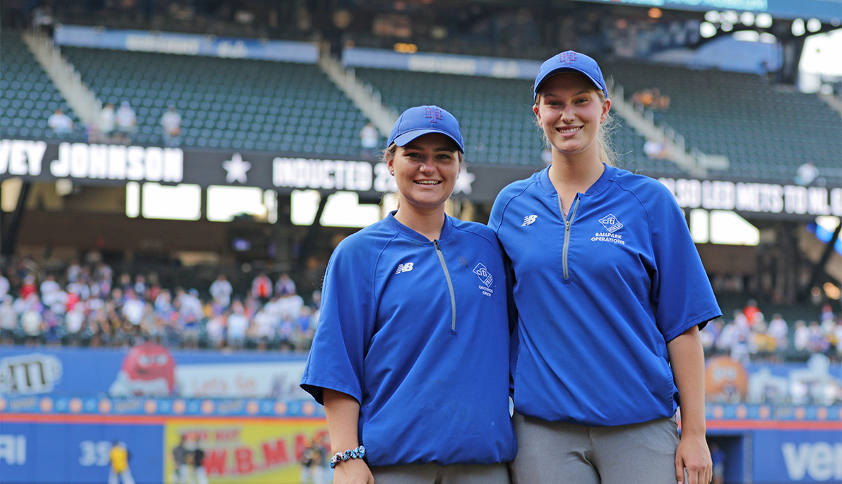 New York Tech softball players Sydney Kratzert and Brooke Scherer at Citi Field.