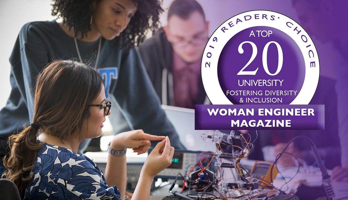 New York Tech engineering students and Woman Engineer magazine rankings logo.