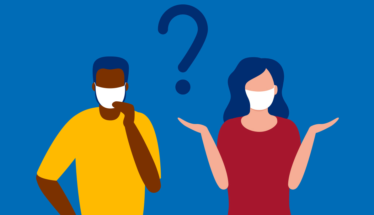 A question mark above a man and woman wearing surgical masks