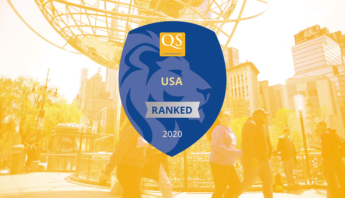 QS World Ranking USA badge over an yellowed-out image of students at the Columbus Circle globe