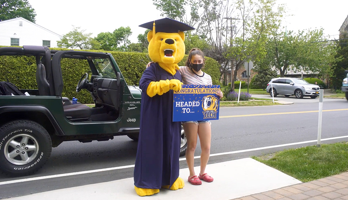 "Roary," the New York Tech mascot, visits a new student at her home.