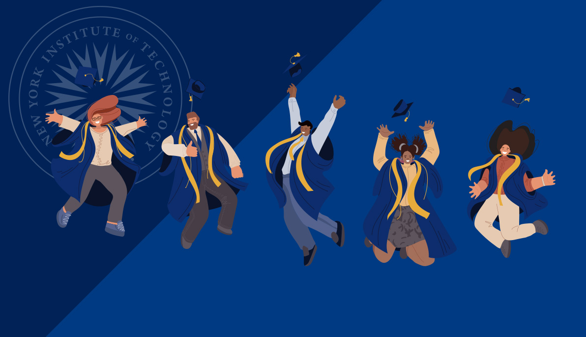 Illustration of graduating students in cap and gown jumping for joy