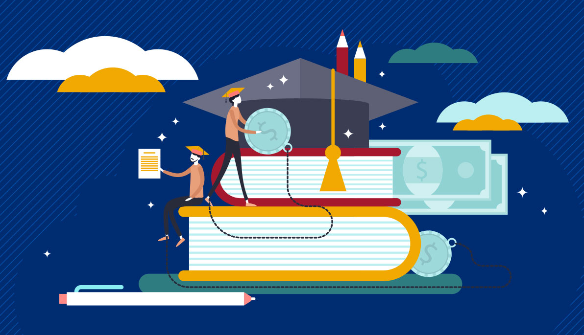 Fanciful illustration of students perched atop books holding a giant coin on a chain