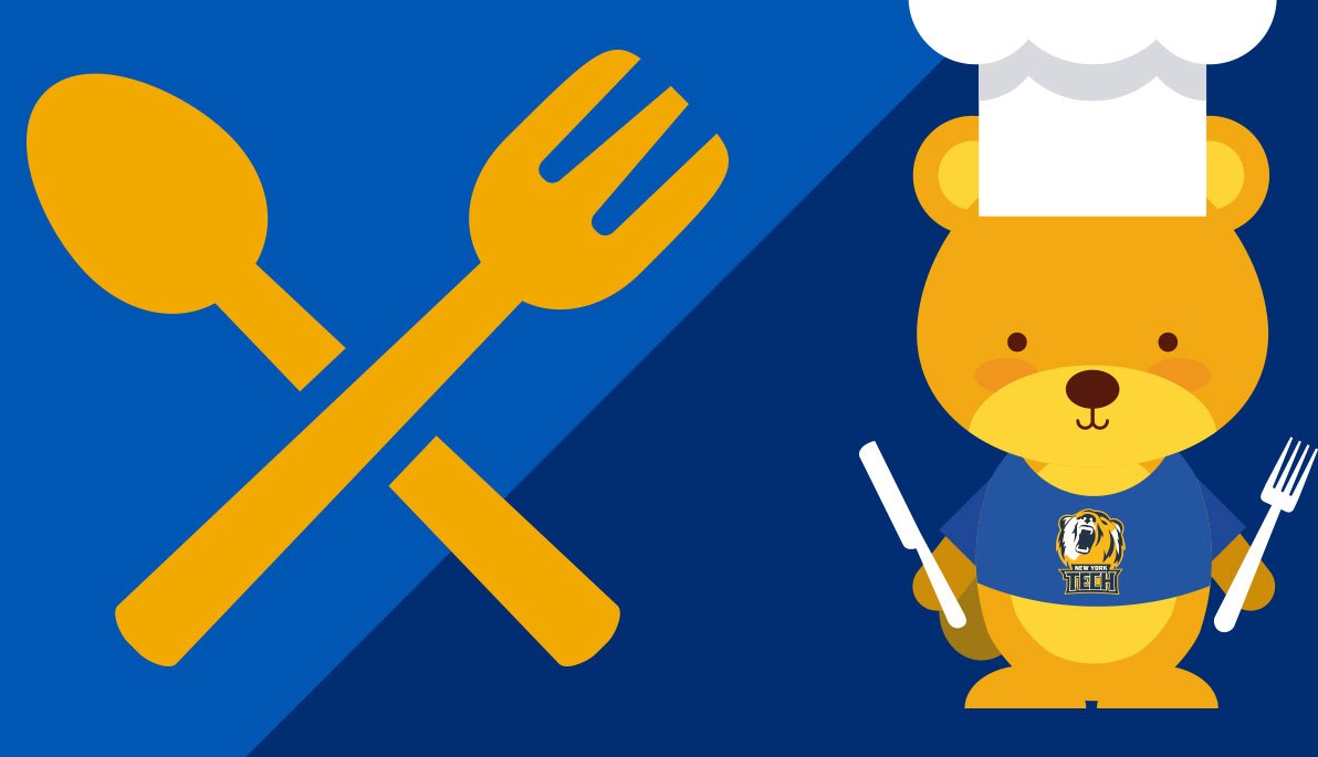 Whimsical illustration of a fork and knife, and bear in chef’s hat.