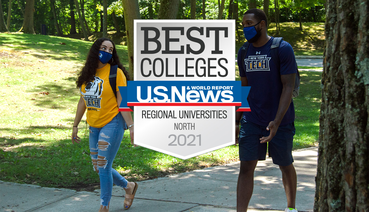 Two New York Tech students walking on Long Island campus.