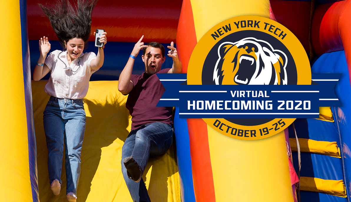 Mashup of two students going down a slide and Homecoming 2020 logo.