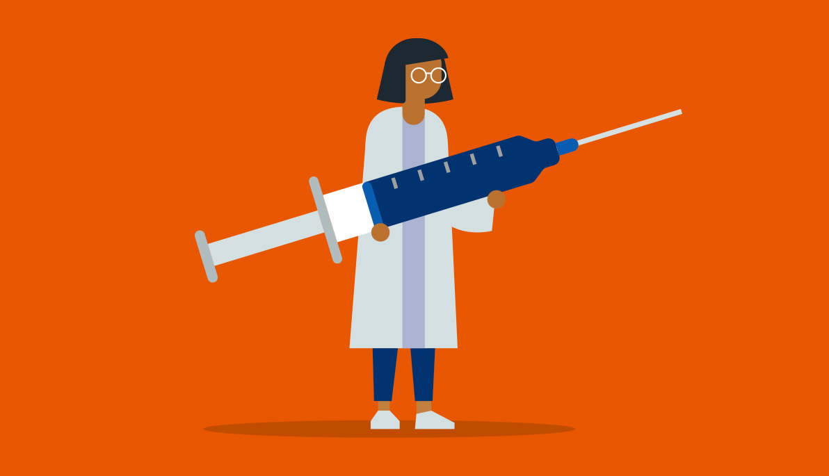 Whimsical illustration of a doctor holding an oversized vaccine.