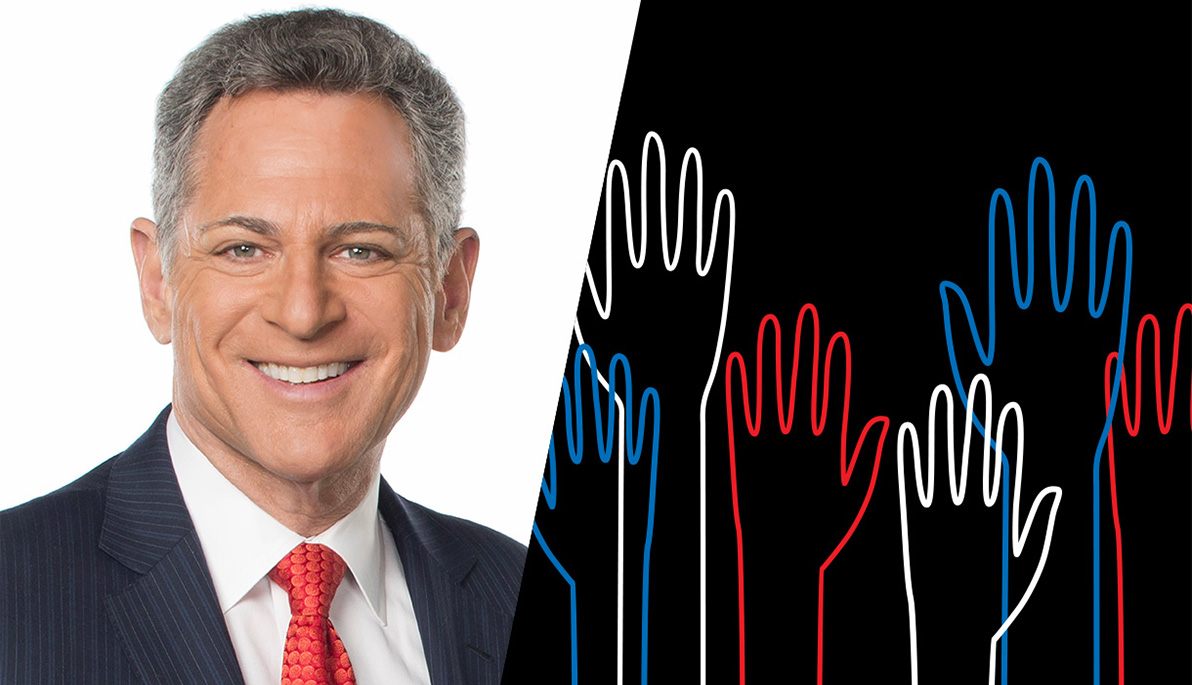 Mashup of Bill Ritter and red, white, and blue raised hands.