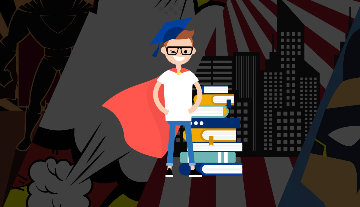 Whimsical illustration of student wearing cape standing next to a stack of books.