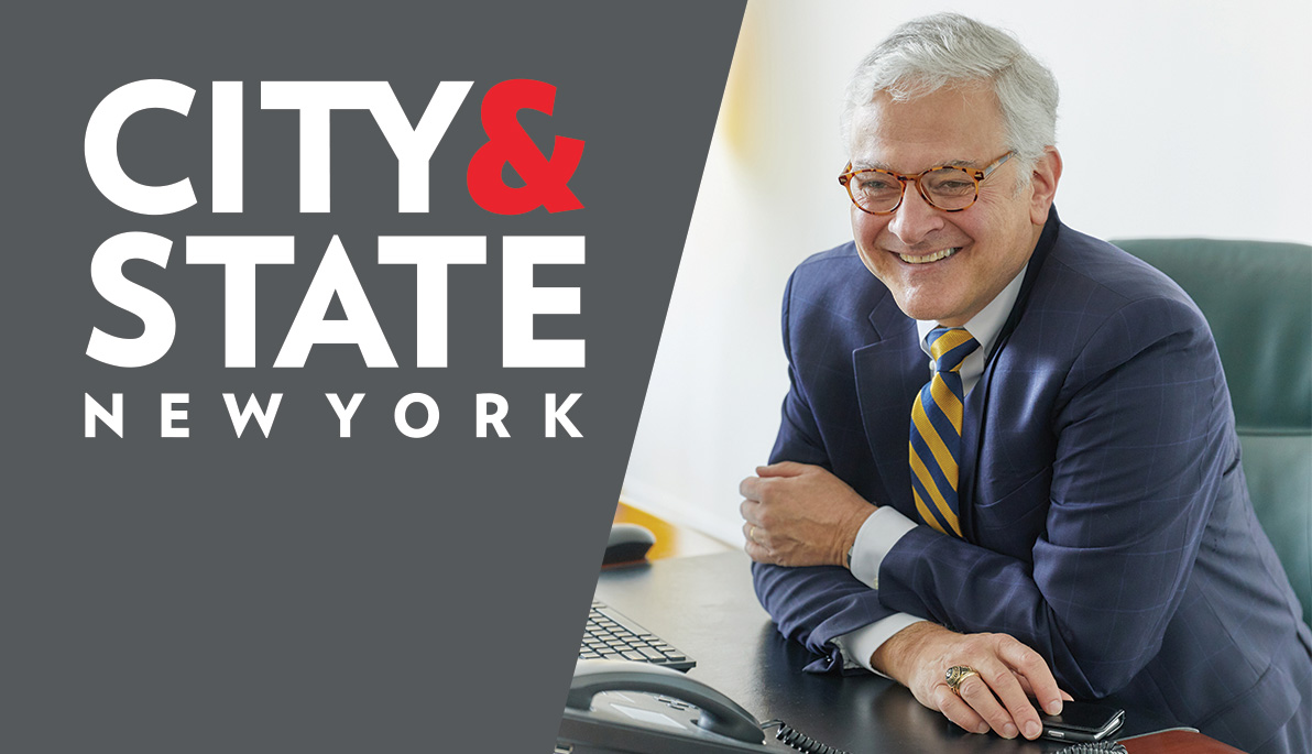 Mashup of City & State logo and photo of New York Tech President Hank Foley