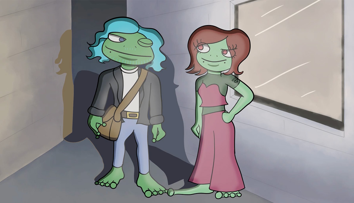 Still of frog characters from Croaking Criminals by New York Tech student Olivia Flores-Nieves.
