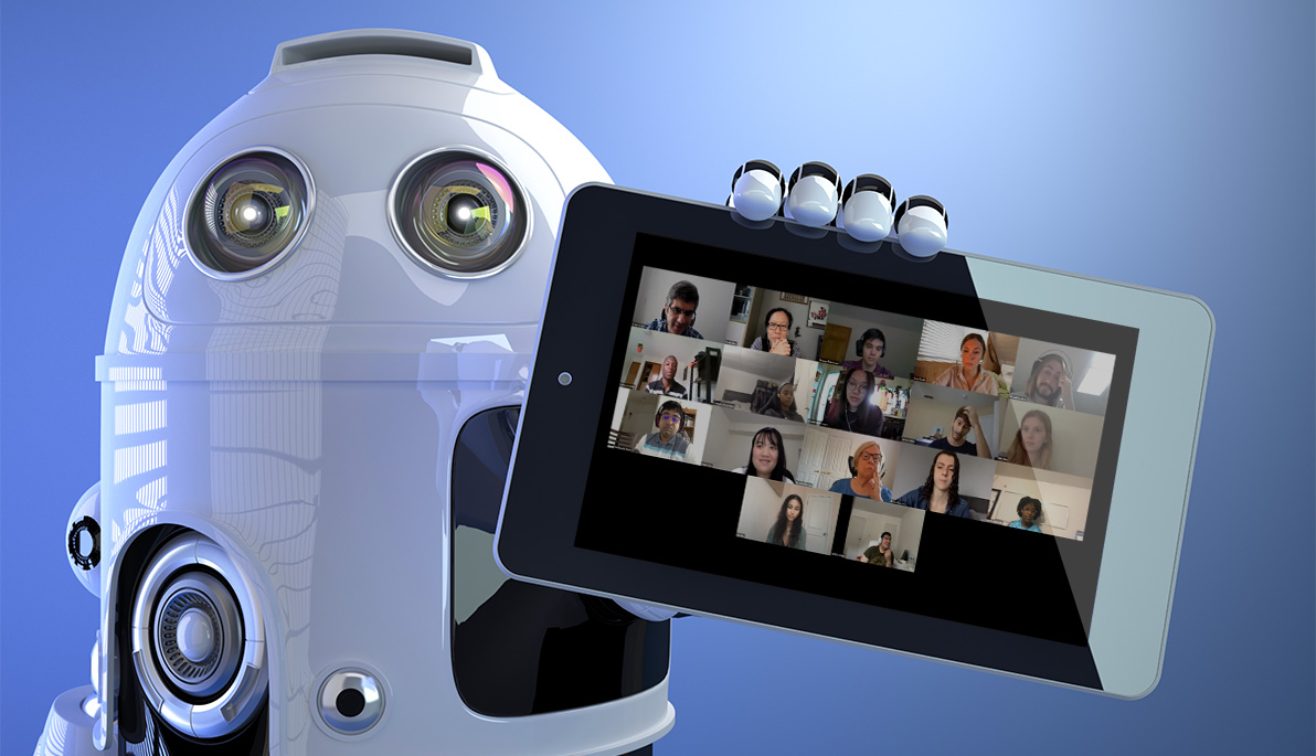 Robot holding a smartphone showing a Zoom meeting