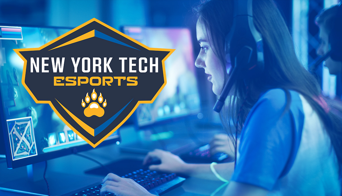 New York Tech esports logo and young woman at a computer