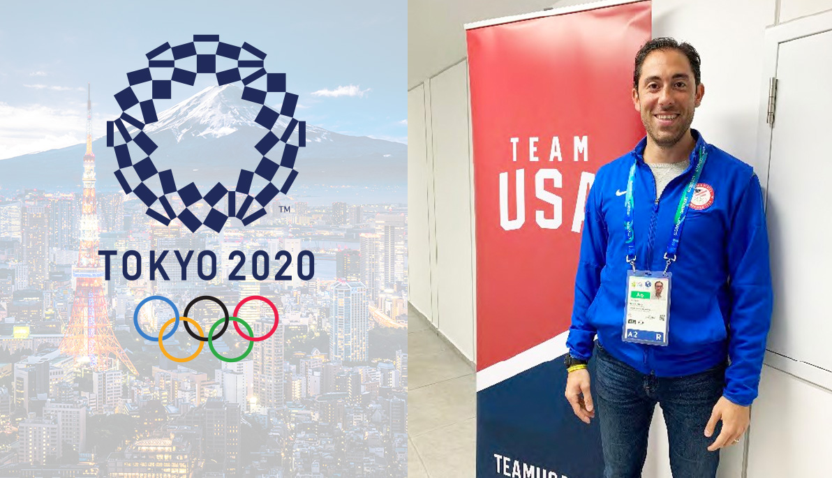 Mashup Tokyo Olympics logo and Ariel Nassim in front of Team USA sign