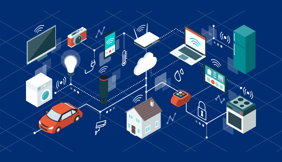 Internet of things, domotics and smart home innovations, isometric network of connected devices and appliances