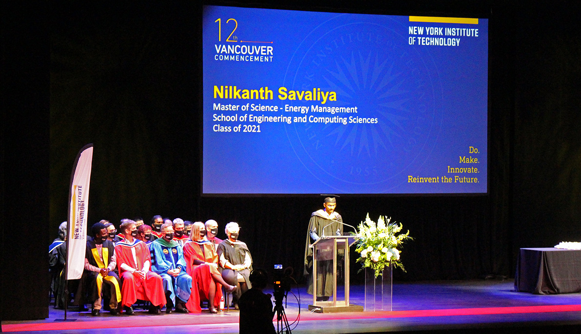 Student speaker and New York Teach leadership on the stage at New York Tech-Vancouver commencement ceremony.