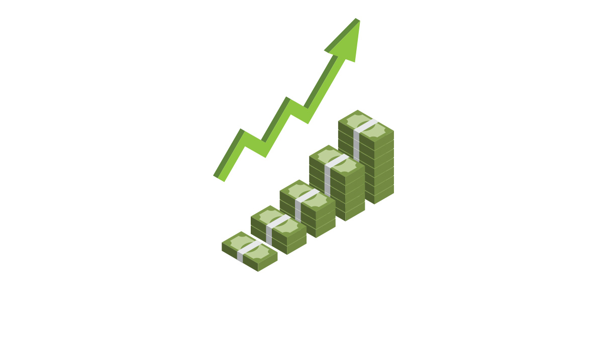 Increasing stack of isometric money with arrow, making profit, revenue growth