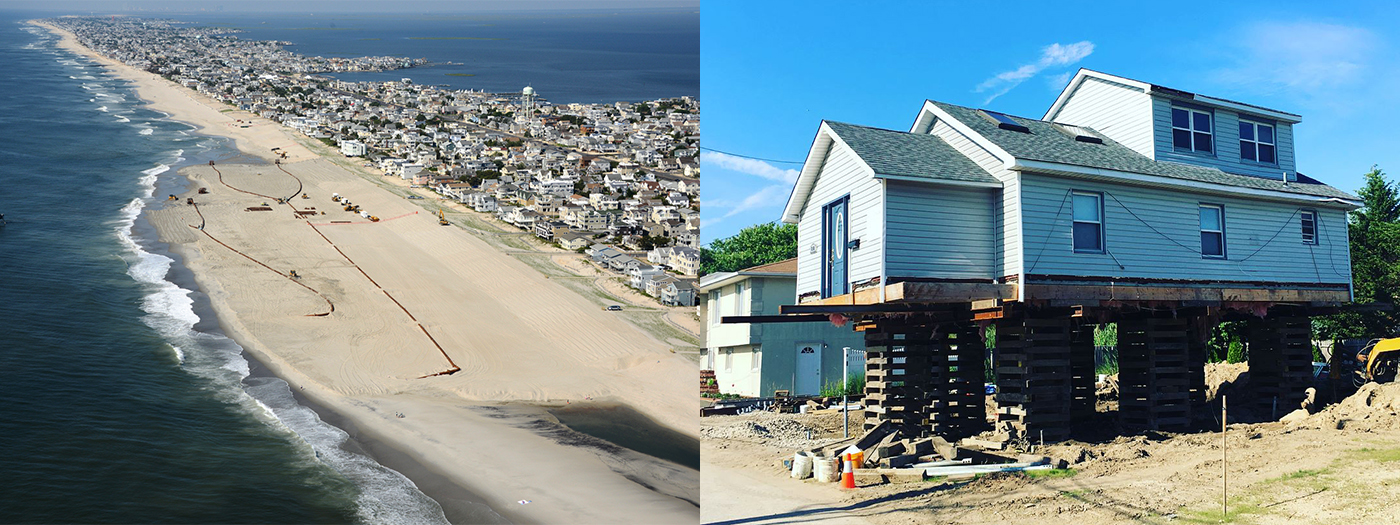 Image of Long Beach next to an image of a house on stilts