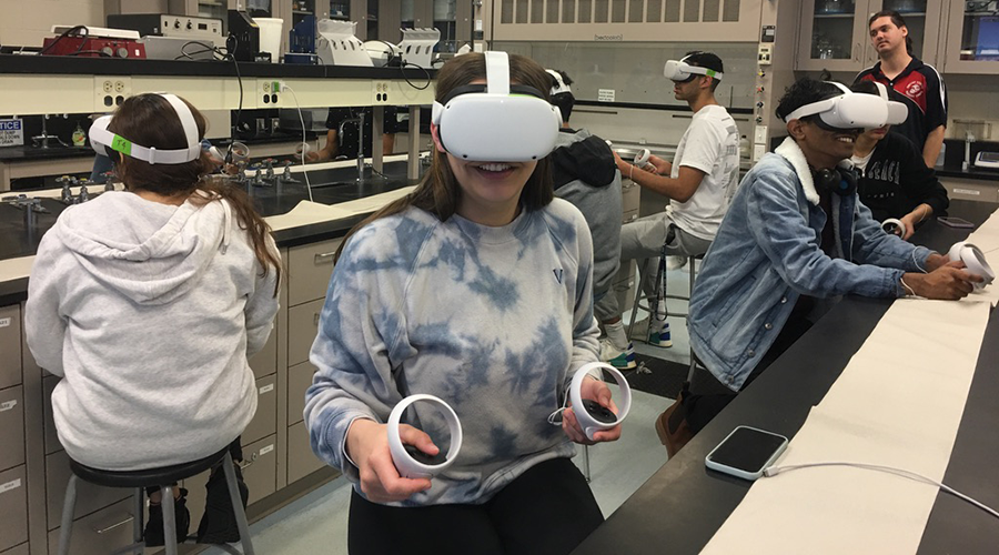 students wearing virtual reality headsets in the lab