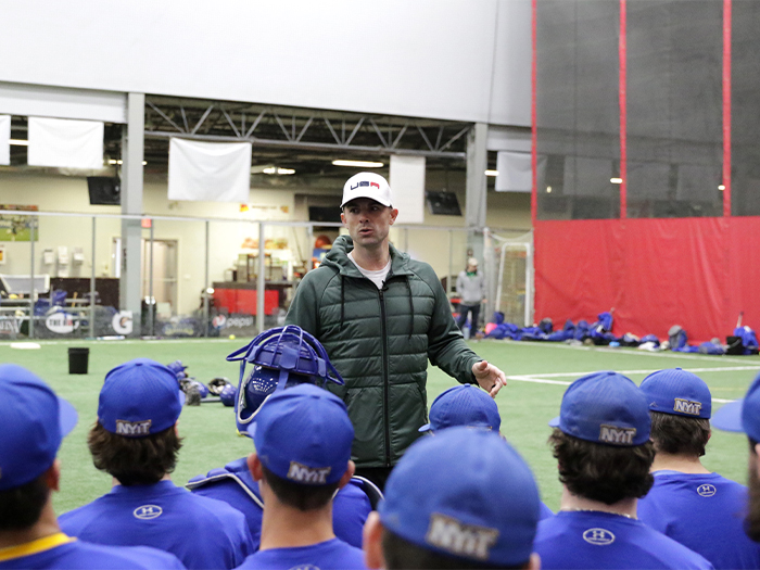 David Wright, addresses the New York Tech baseball team in practice building