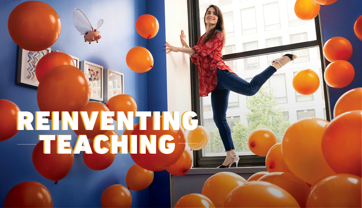 Reinveting Teacher header with Professor Domokos in a room full of balloons