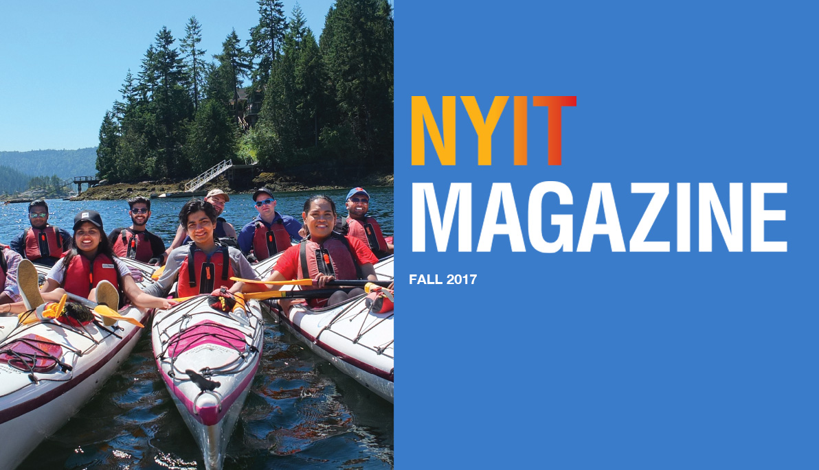 Cover of NYIT Magazine showing students kayaking in Vancouver.