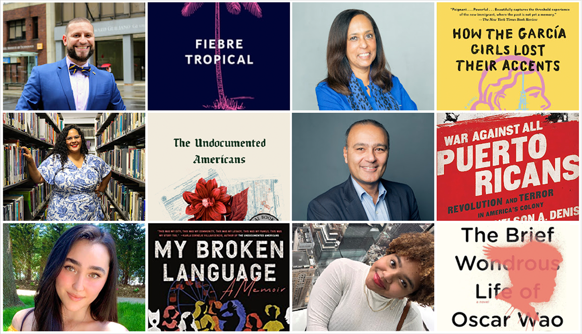 Collage of New York Tech community members and book covers