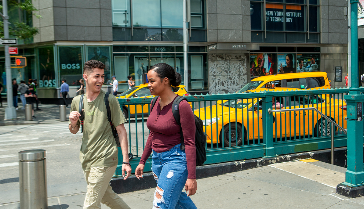 Students walking in Columbus Circle on the NYC campus